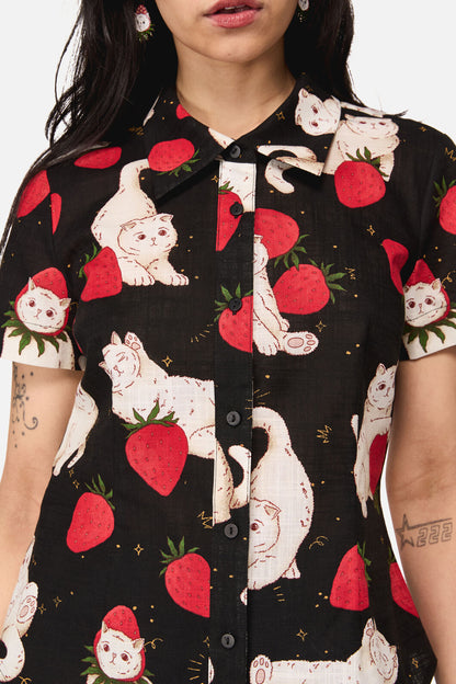 Dangerfield NZ - Strawberry Cat Repeat Blouse - black