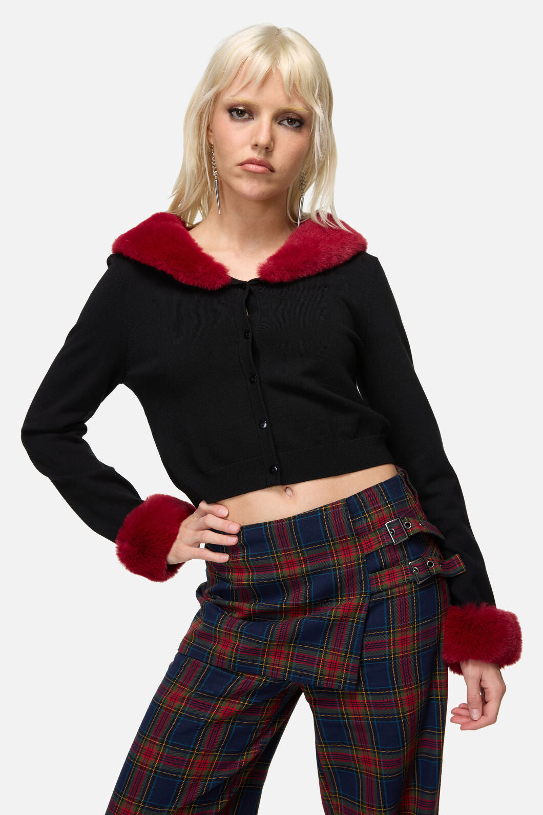 Dangerfield NZ - Jackalope Faux Fur Trim Cardi - black-red