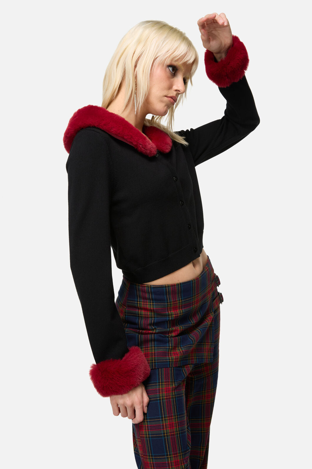 Dangerfield NZ - Jackalope Faux Fur Trim Cardi - black-red