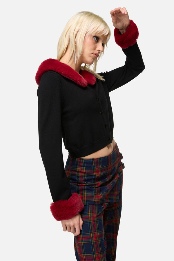 Dangerfield NZ - Jackalope Faux Fur Trim Cardi - black-red