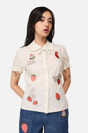 Dangerfield NZ - Strawberry Cat Badge Blouse - cream
