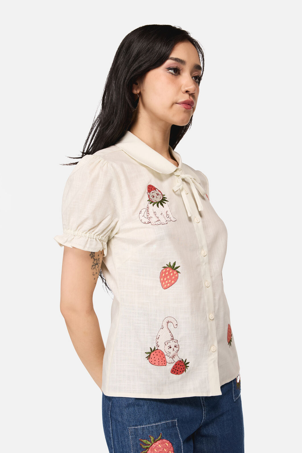 Dangerfield NZ - Strawberry Cat Badge Blouse - cream