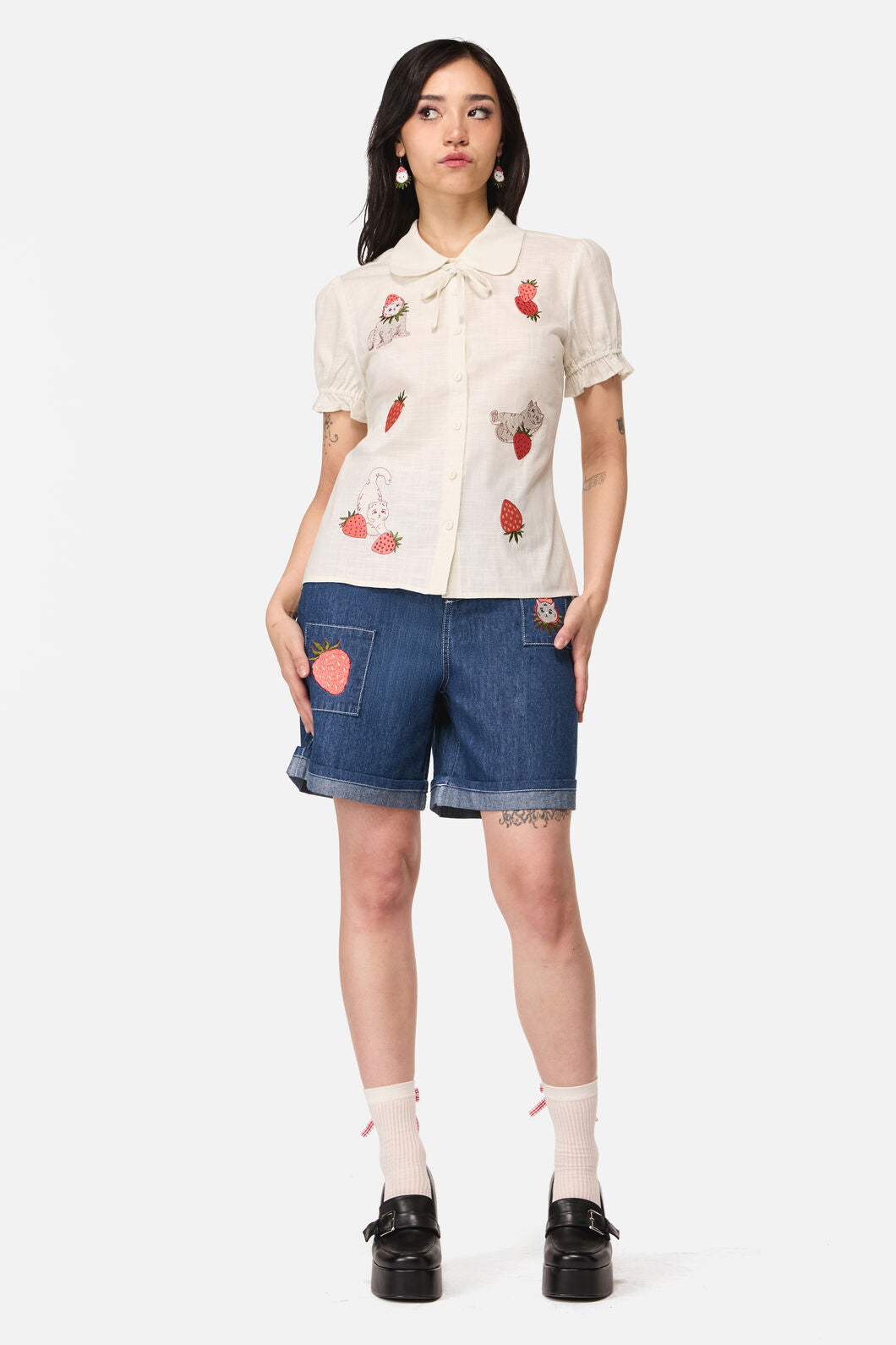 Dangerfield NZ - Strawberry Cat Badge Blouse - cream
