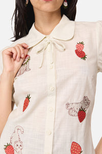 Dangerfield NZ - Strawberry Cat Badge Blouse - cream