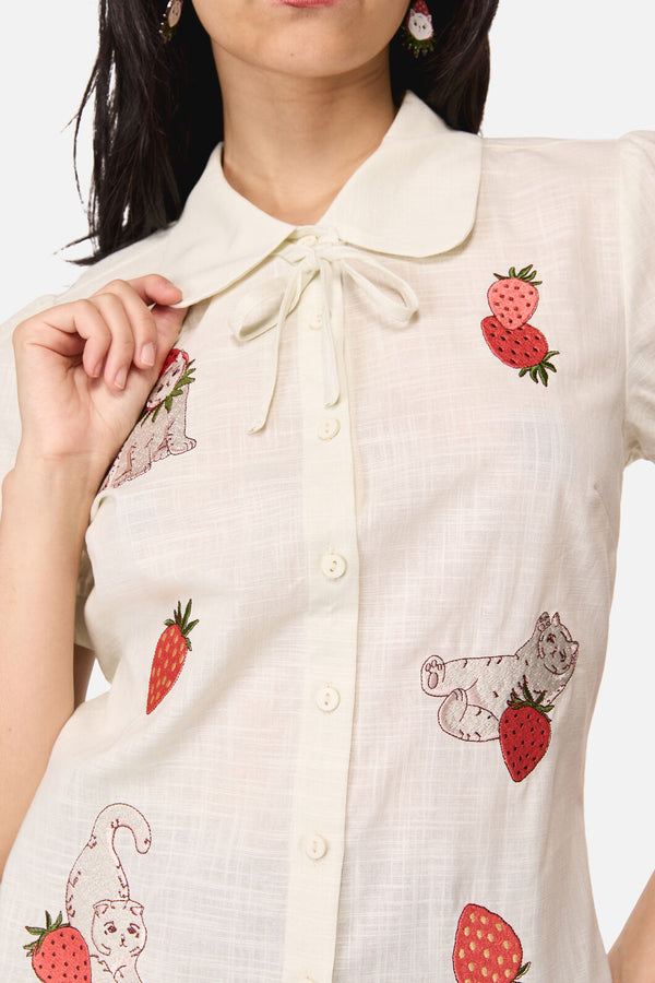 Dangerfield NZ - Strawberry Cat Badge Blouse - cream