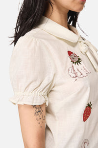 Dangerfield NZ - Strawberry Cat Badge Blouse - cream