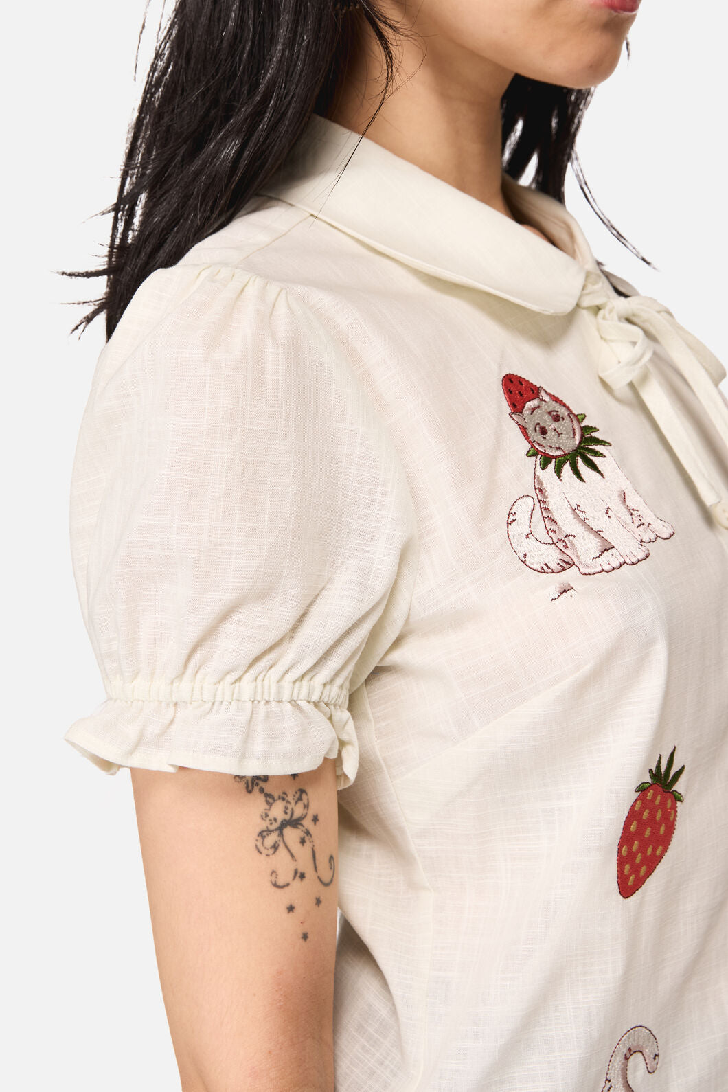 Dangerfield NZ - Strawberry Cat Badge Blouse - cream