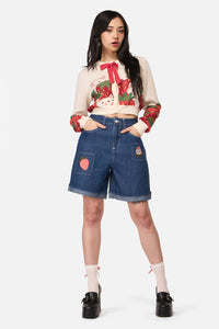 Dangerfield NZ - Strawberry Cat Emb Short - blue-denim