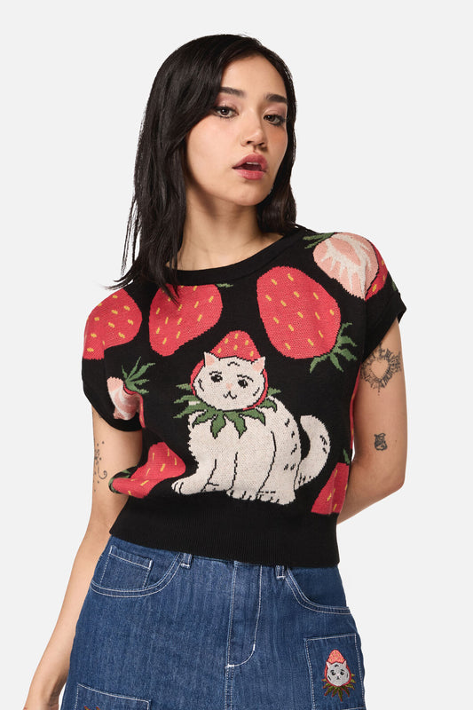 Dangerfield NZ - Strawberry Cat Knit Top - black