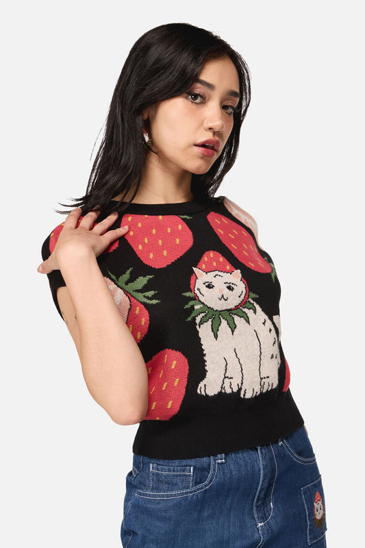 Dangerfield NZ - Strawberry Cat Knit Top - black
