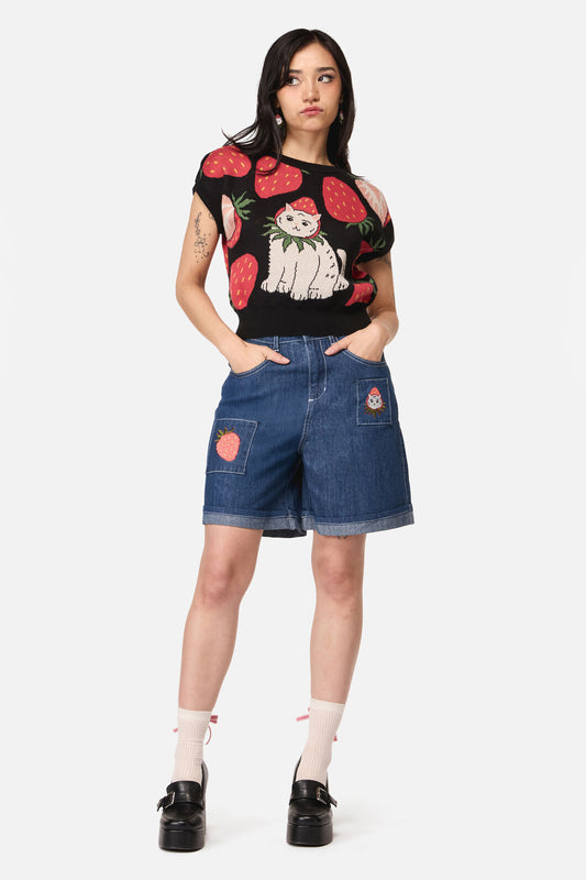Dangerfield NZ - Strawberry Cat Knit Top - black