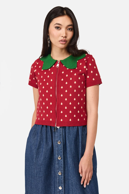 Dangerfield NZ - Strawberry Leaf SS Cardigan - red
