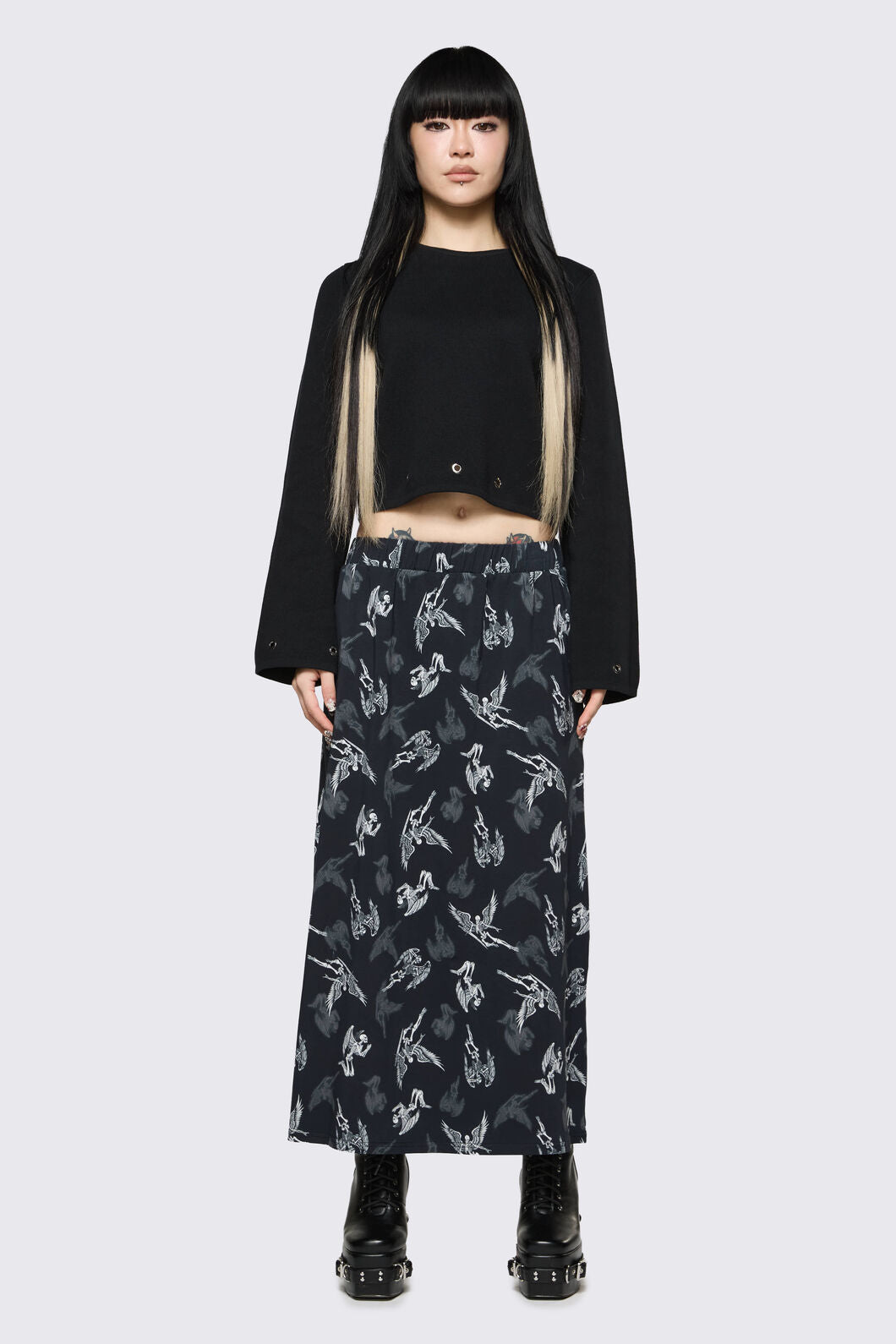 Dangerfield NZ - Archangel Print Goth Midi Skirt - black-white