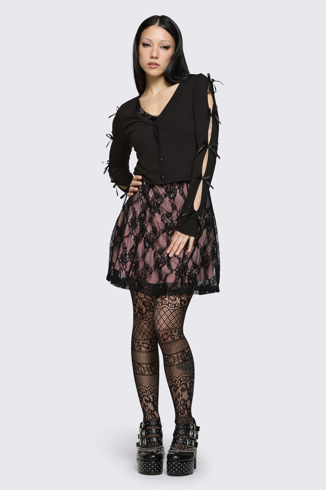 Dangerfield NZ - Round & Round Tie Sleeve Cardi - black