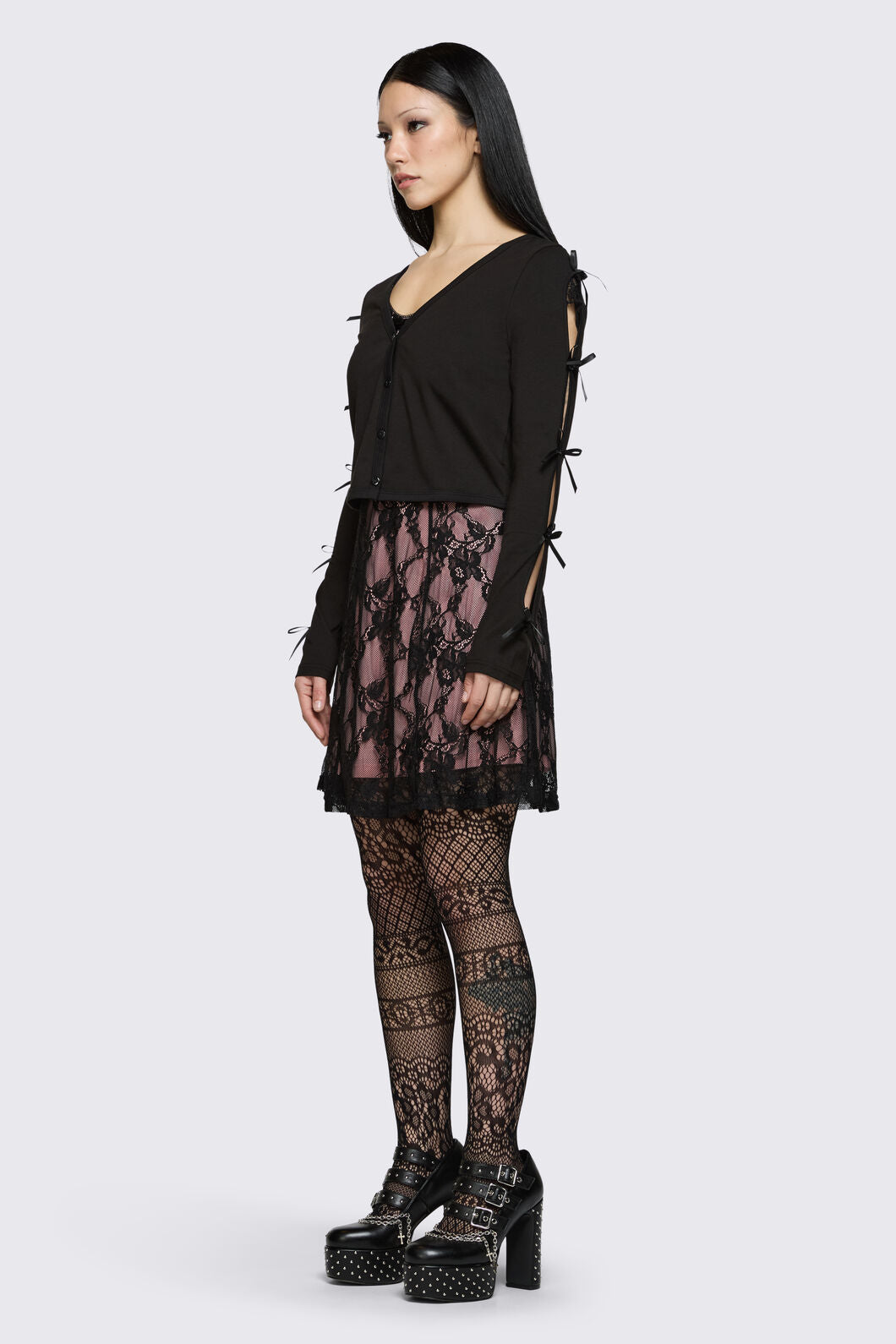 Dangerfield NZ - Round & Round Tie Sleeve Cardi - black