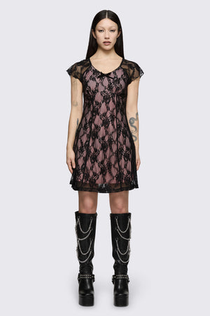 Dangerfield NZ - Broken Rollercoaster Lace Babydoll Dress - black-pink