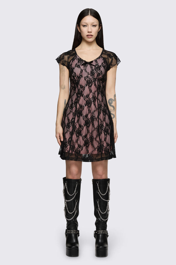 Dangerfield NZ - Broken Rollercoaster Lace Babydoll Dress - black-pink