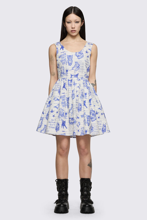 Dangerfield NZ - Sketchy Cat Dress - white-purple