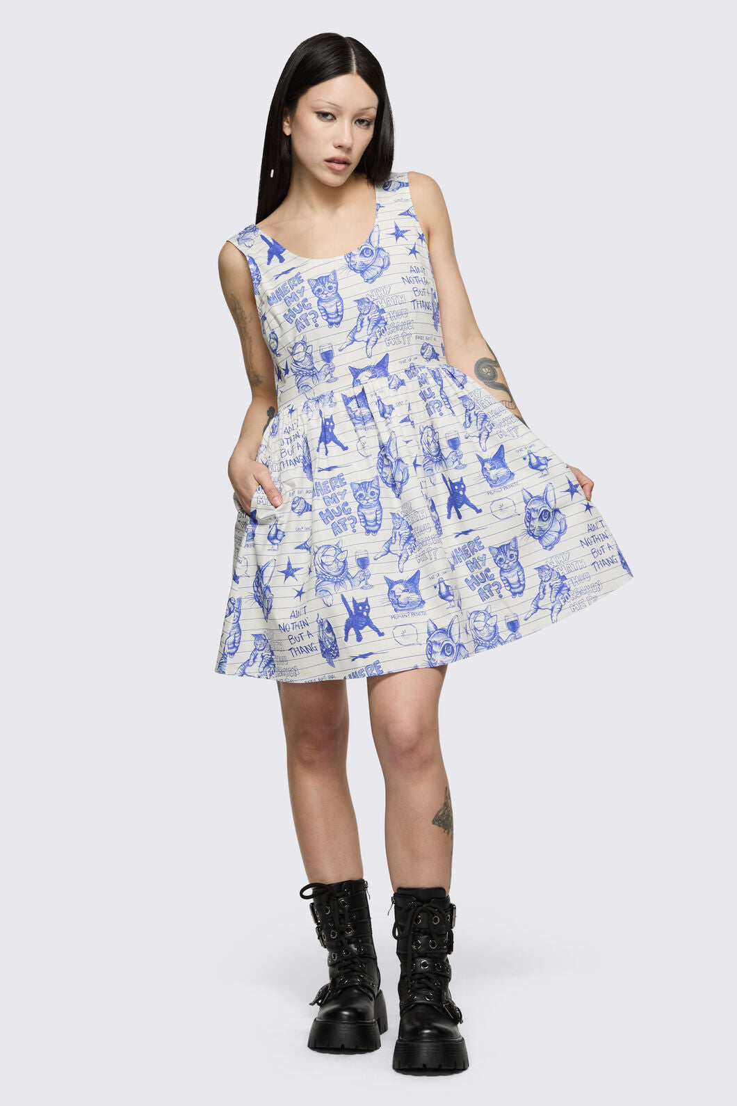 Dangerfield NZ - Sketchy Cat Dress - white-purple