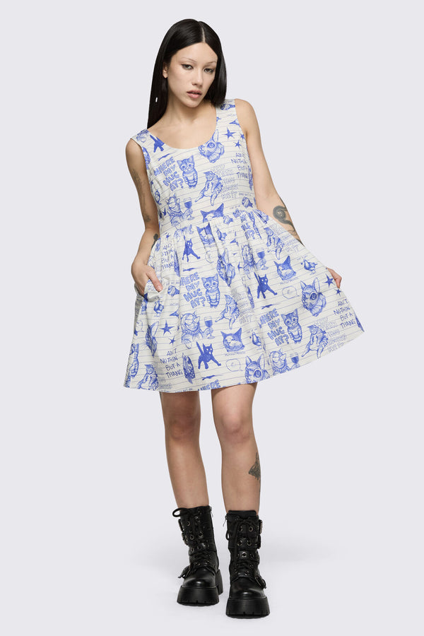 Dangerfield NZ - Sketchy Cat Dress - white-purple