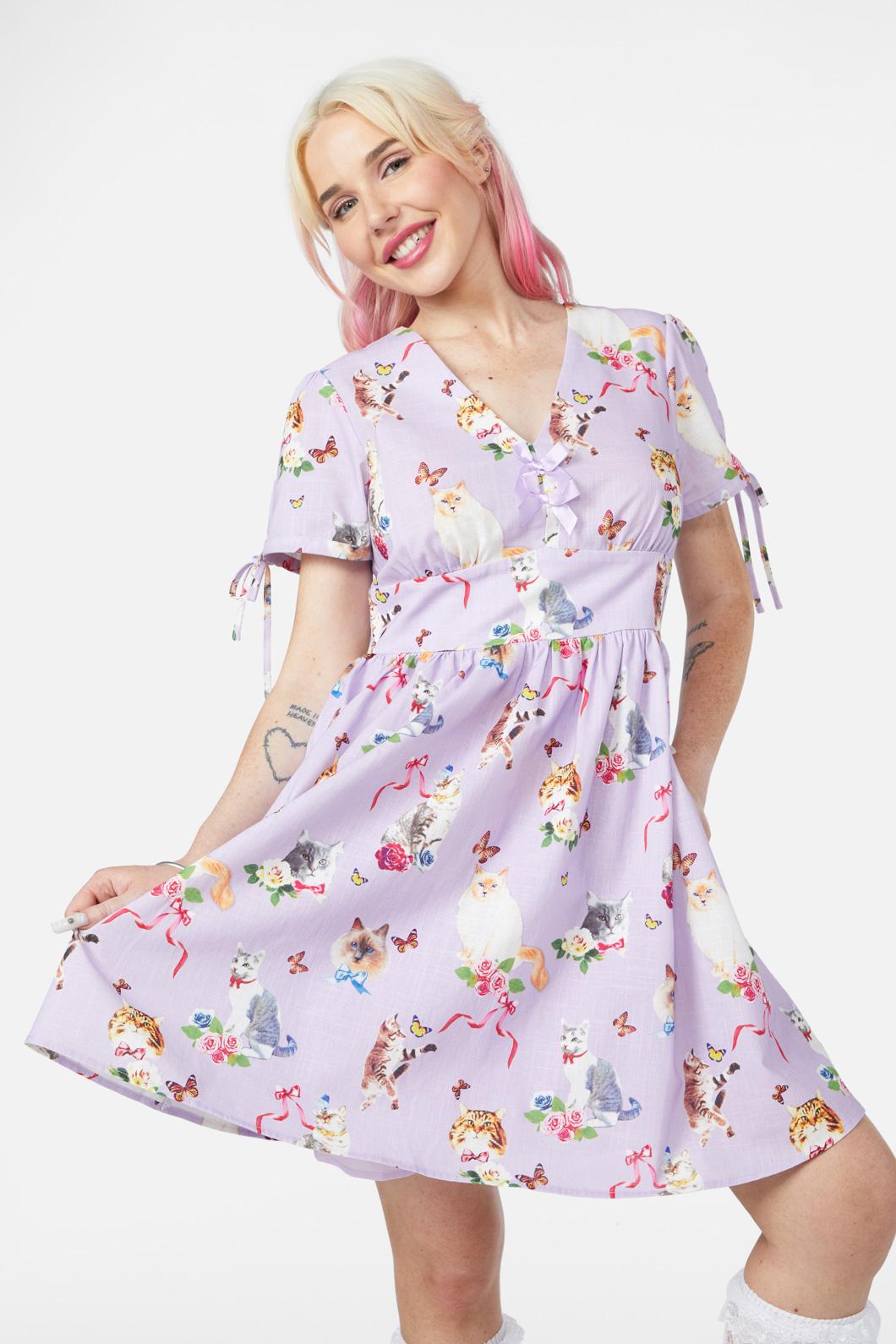 Dangerfield NZ - Kitsch Kitty Print Dress - purple