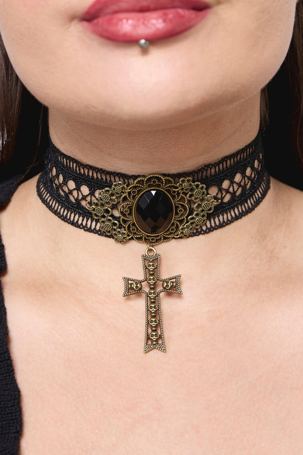 Dangerfield NZ - Cross Skull Lace Choker - black