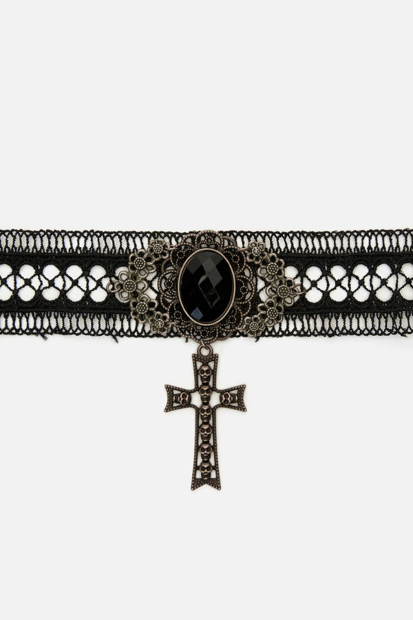 Dangerfield NZ - Cross Skull Lace Choker - black