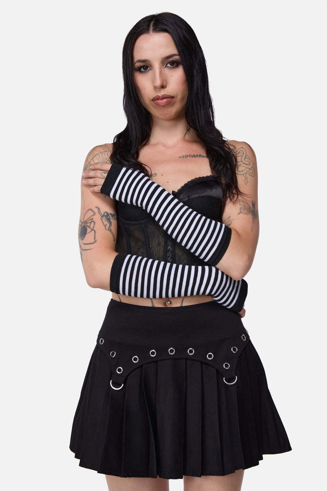 Dangerfield NZ - Striped Long Fingerless Gloves - black-white