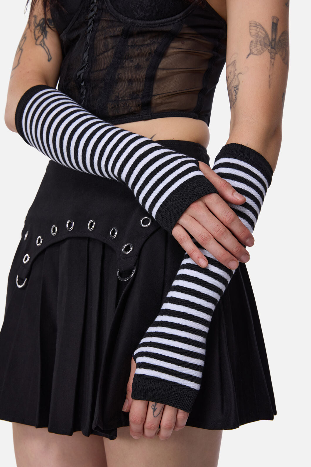 Dangerfield NZ - Striped Long Fingerless Gloves - black-white