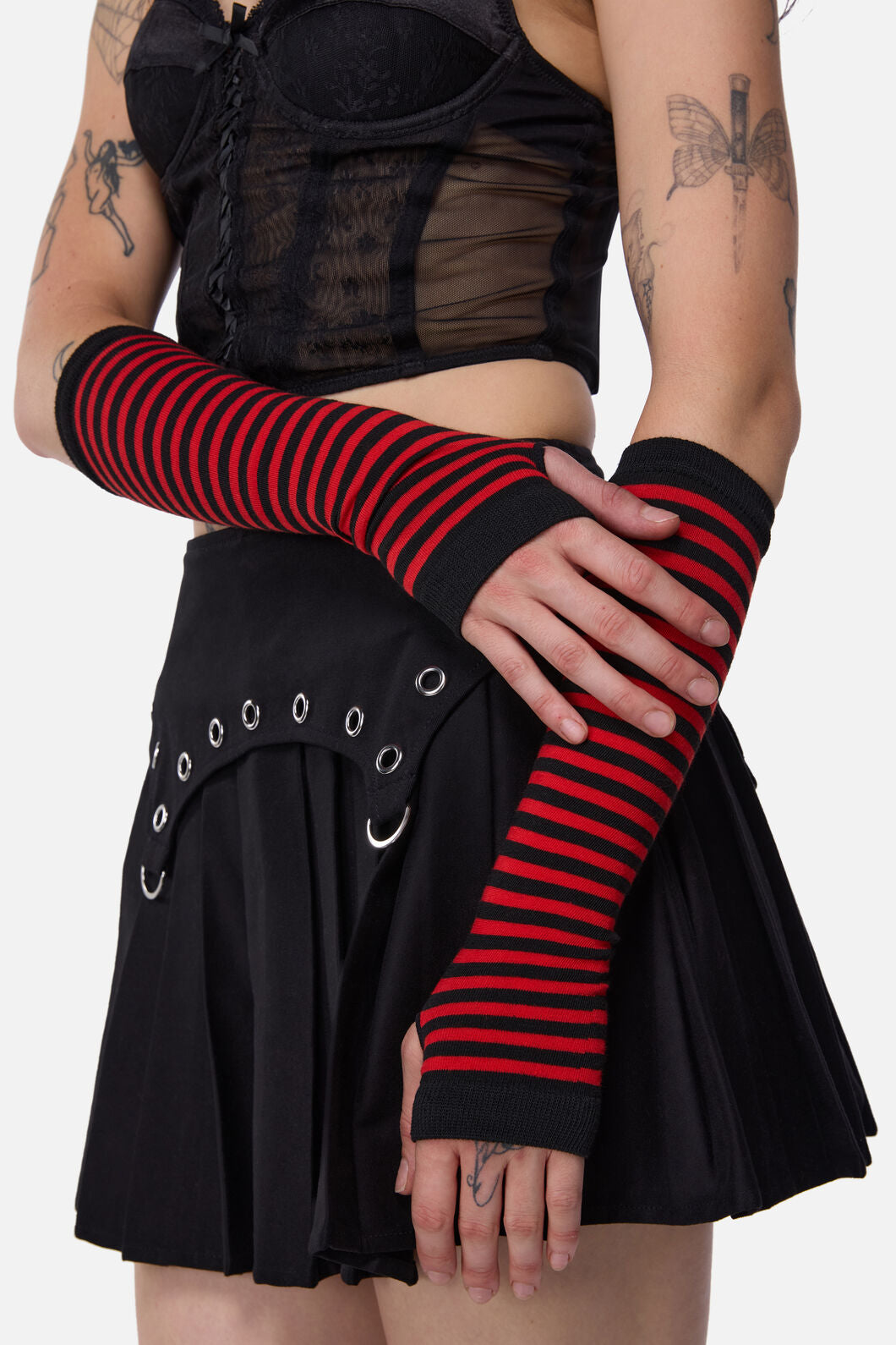 Dangerfield NZ - Striped Long Fingerless Gloves - black-red