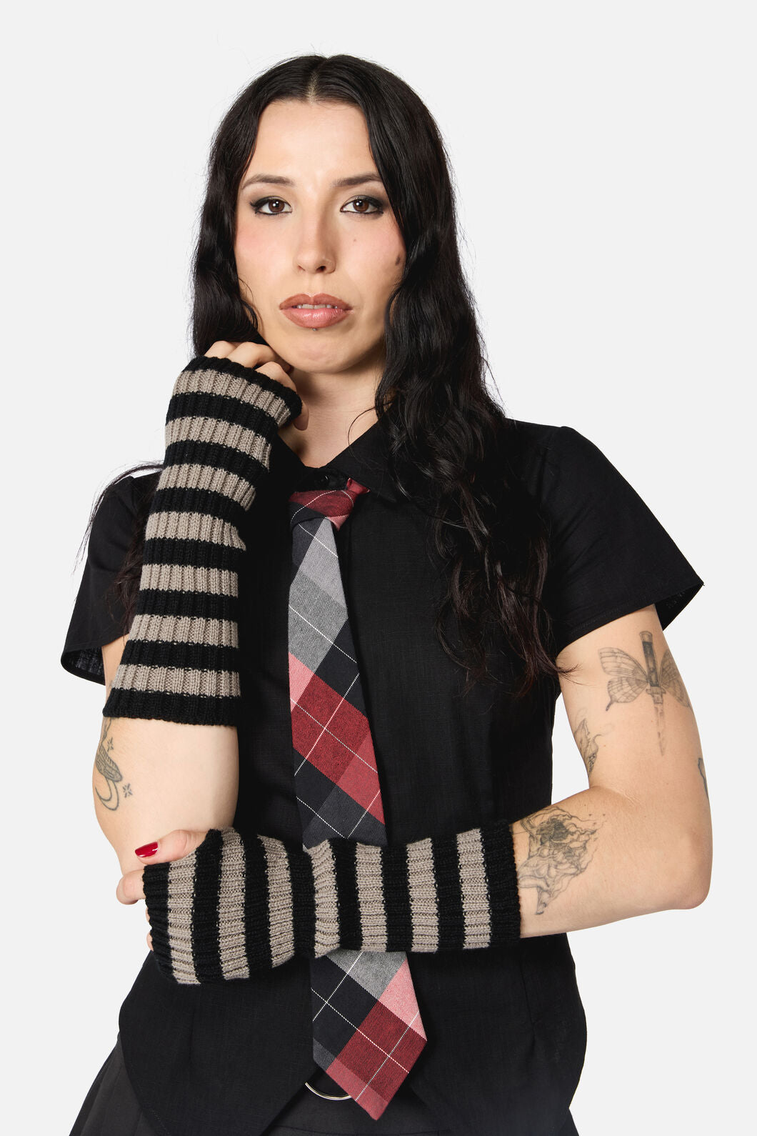 Dangerfield NZ - Ribbed Long Fingerless Gloves - black-grey
