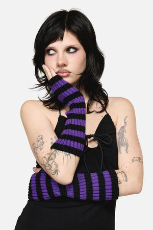 Dangerfield NZ - Long Striped Rib Fingerless Gloves - purple-black