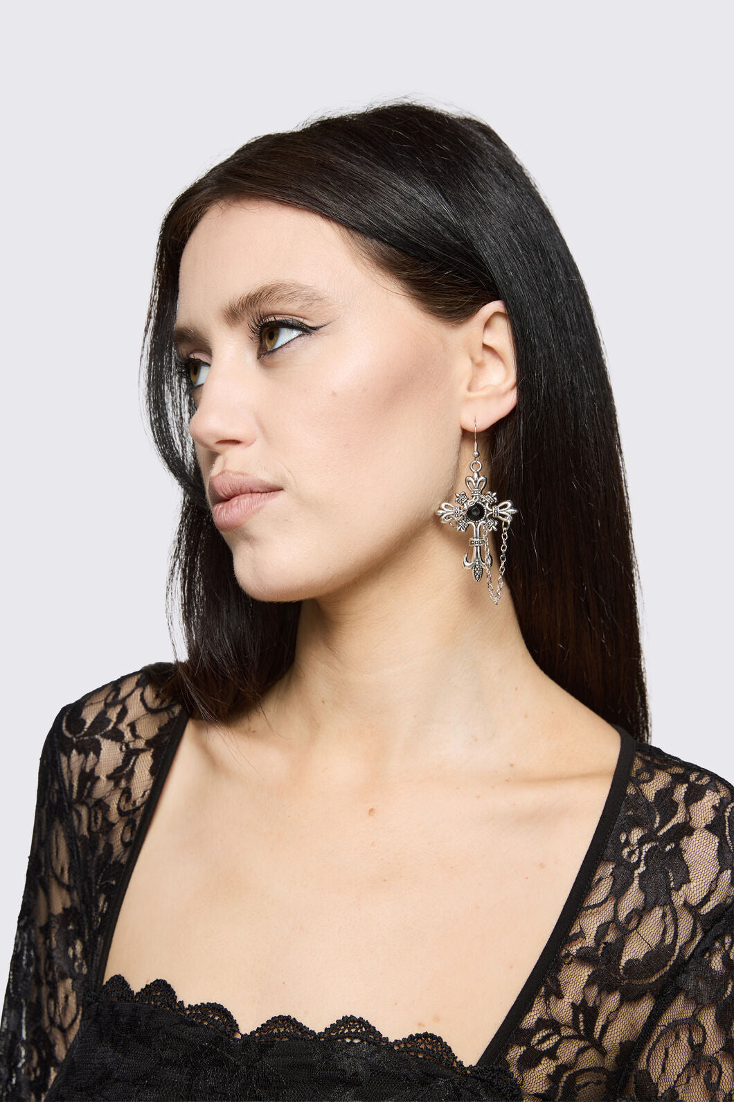 Dangerfield NZ - Gothic Cross Chain Earrings - silver