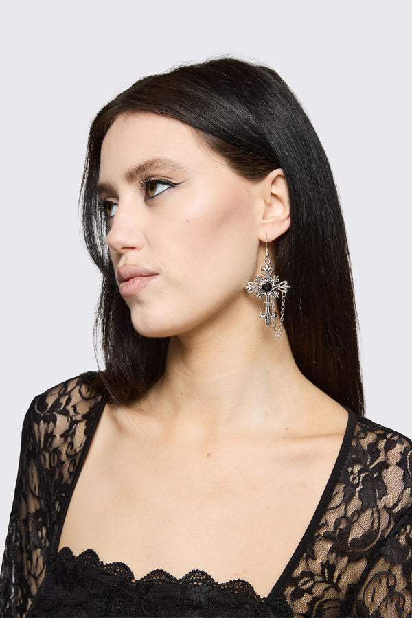 Dangerfield NZ - Gothic Cross Chain Earrings - silver