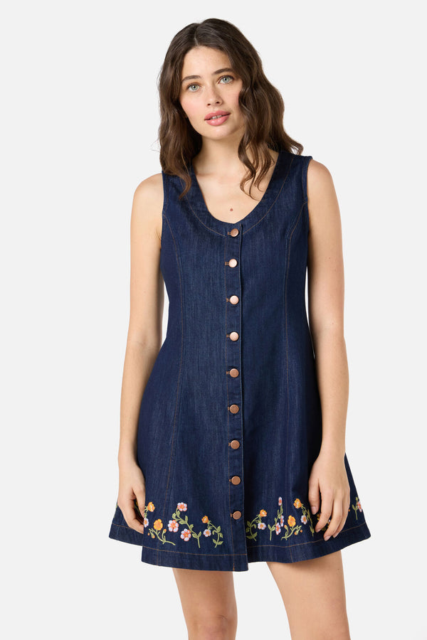 Princess Highway - Alyssa Embroidered Denim Dress - dark-denim