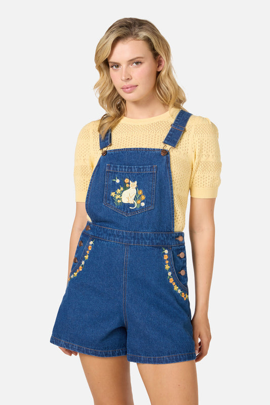 Princess Highway - Cats Embroidered Short Overall - blue-denim
