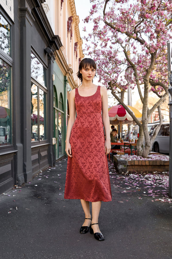 Princess Highway - Roma Satin Embossed Midi Dress - burnt-orange