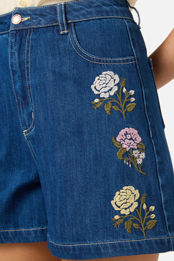 Princess Highway - Astrid Rose Embroidered Short - blue-denim