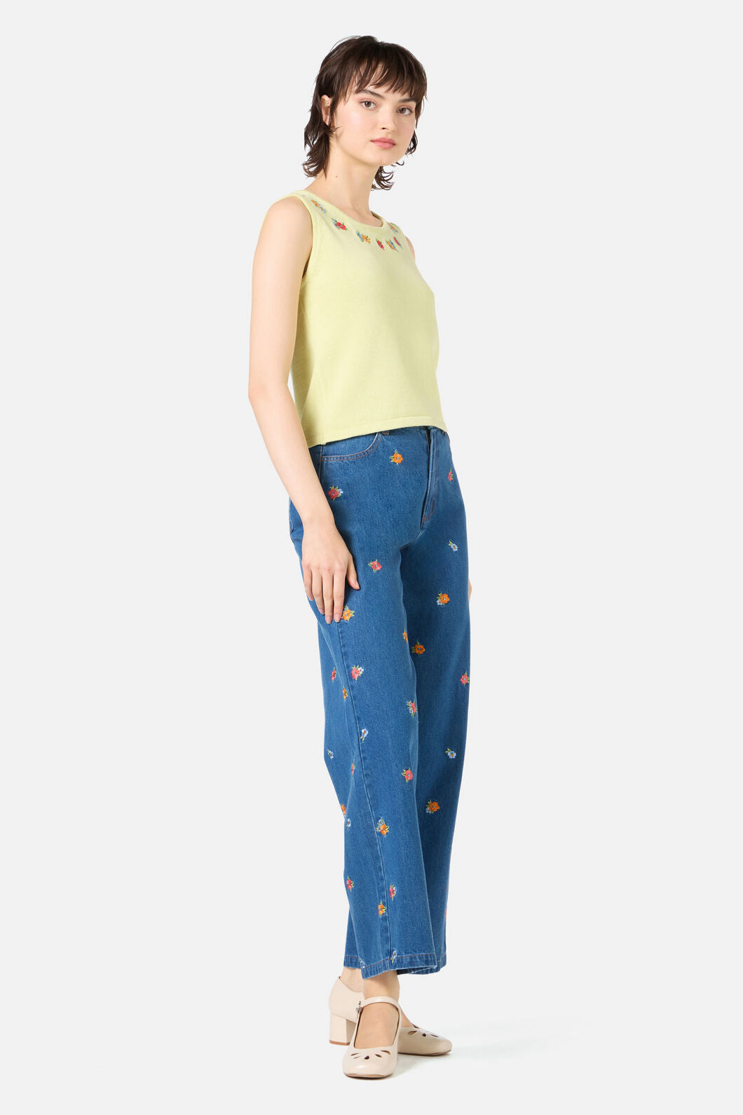 Princess Highway - Floral Embroidered Knit Tank - soft-green