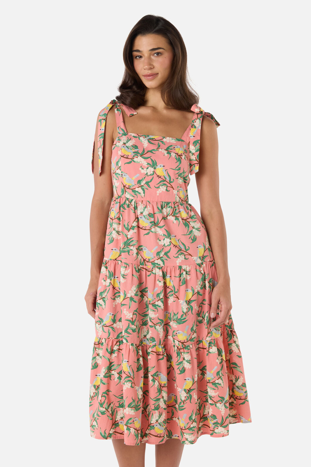 Princess Highway - Yellow Robin Tiered Midi Dress - coral