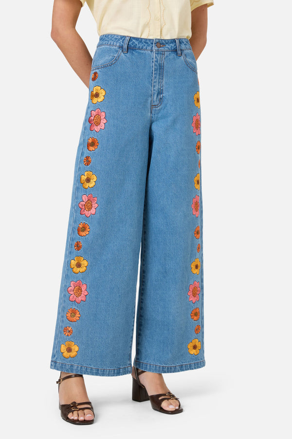 Princess Highway - Retro Bloom Embroidered Jean - blue-denim
