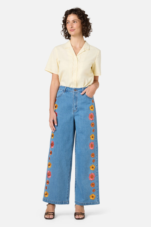 Princess Highway - Retro Bloom Embroidered Jean - blue-denim
