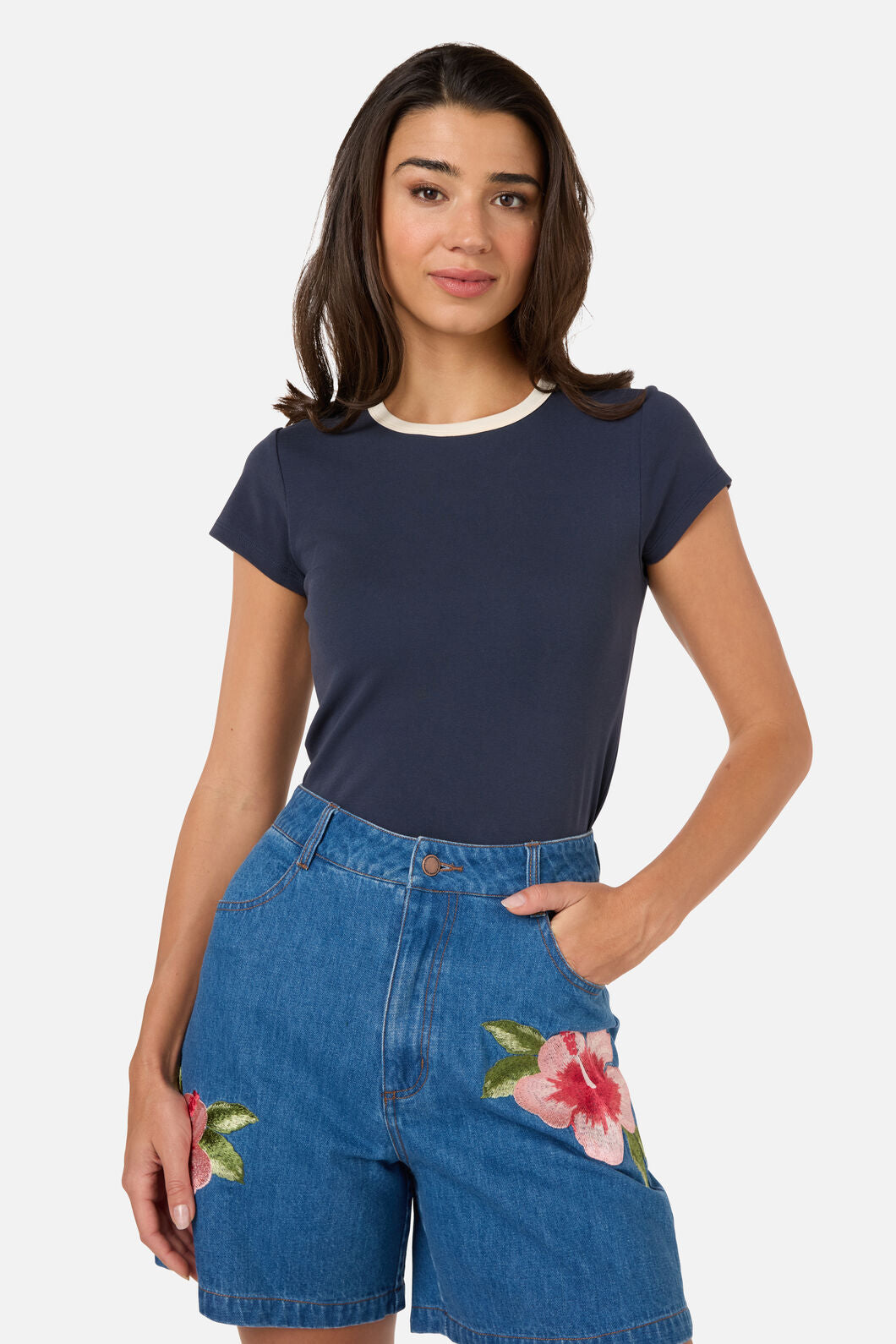 Princess Highway - Jodie Contrast Bind Ringer Tee - navy-cream