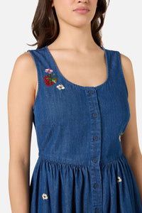 Princess Highway - Berry Bloom Emb Denim Dress - blue-denim
