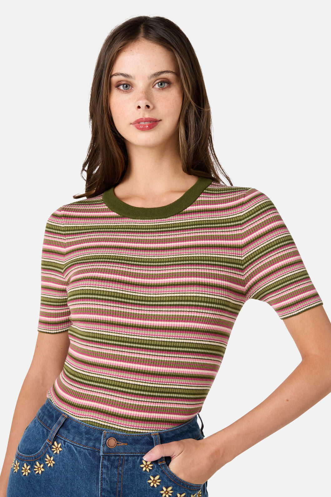 Princess Highway - Adelaide Stripe Rib Knit Top - green