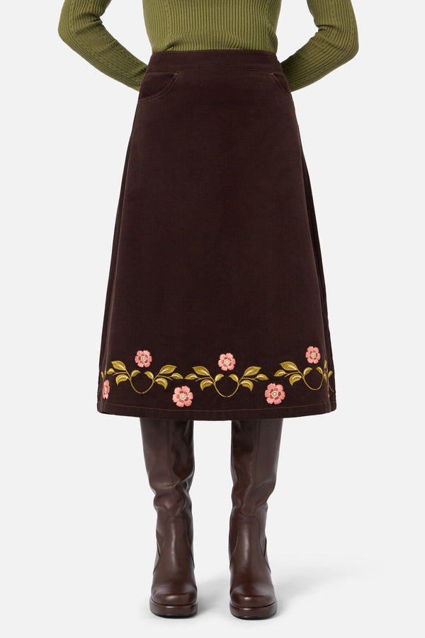 Princess Highway - Della Embroidered Midi Skirt - chocolate