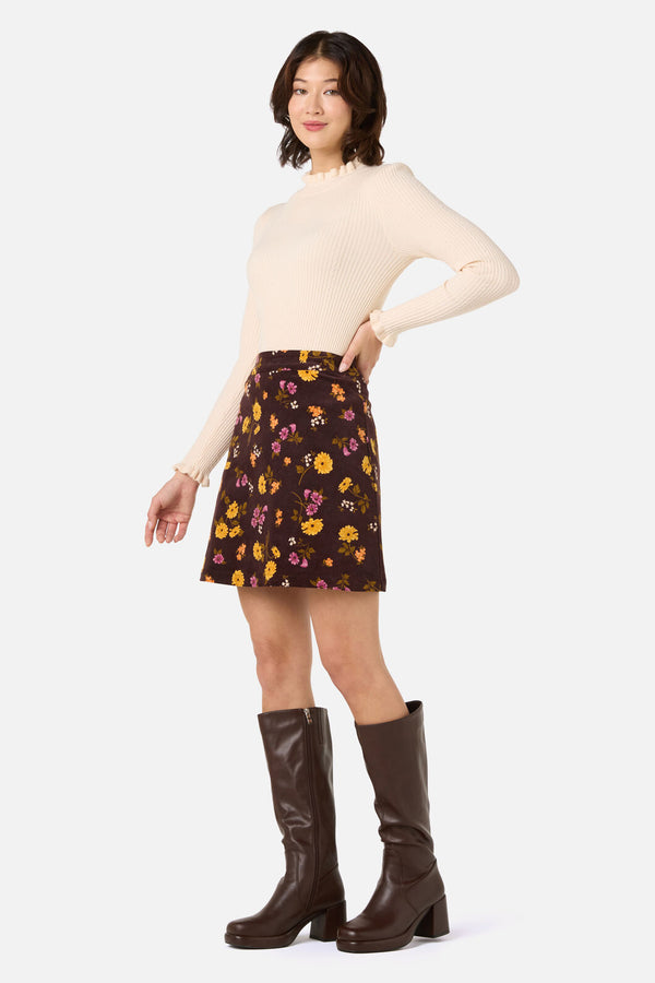 Princess Highway - Winona Flower Corduroy Skirt - chocolate