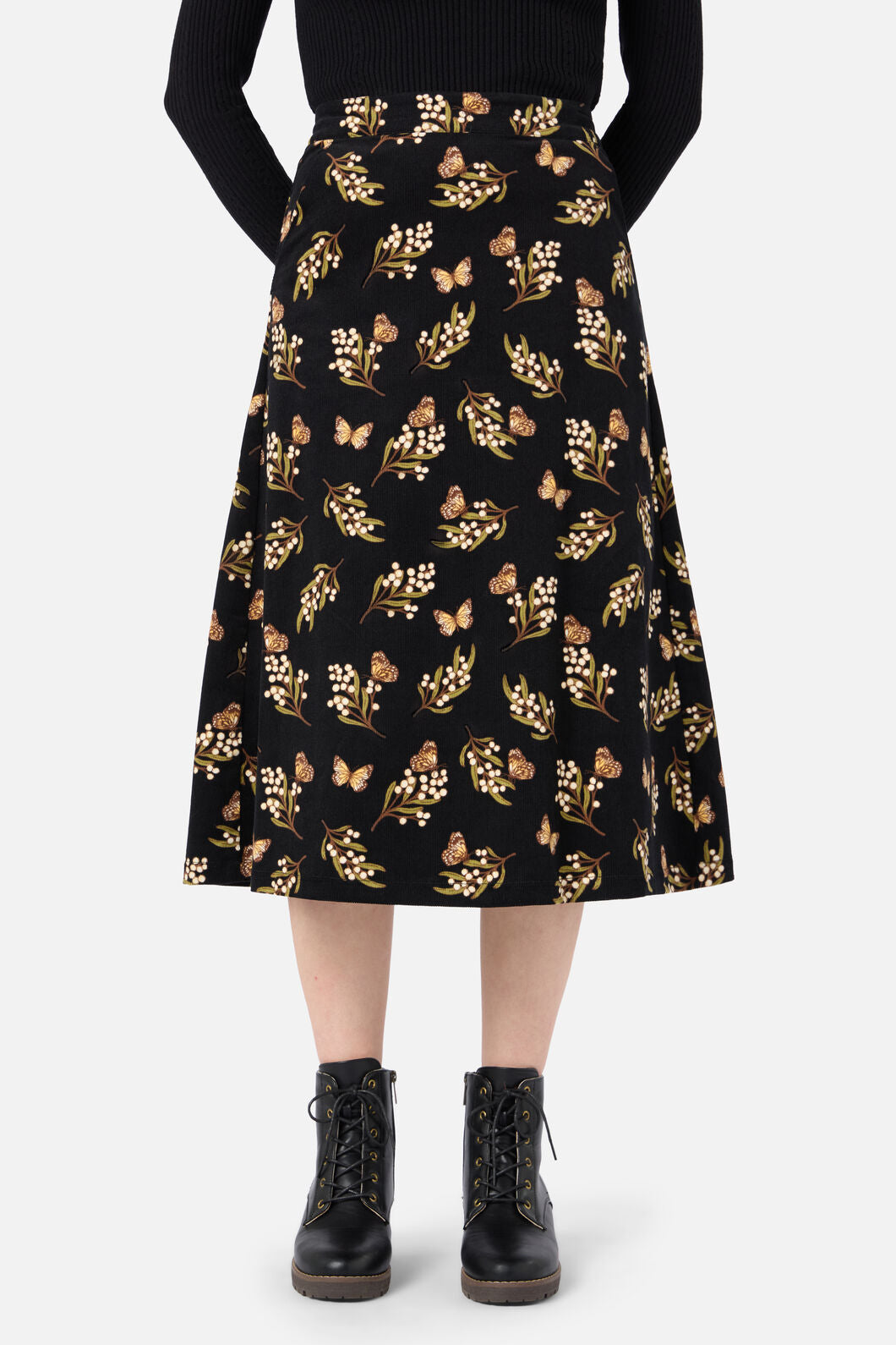 Princess Highway - Wattle & Butterfly Midi Skirt - black