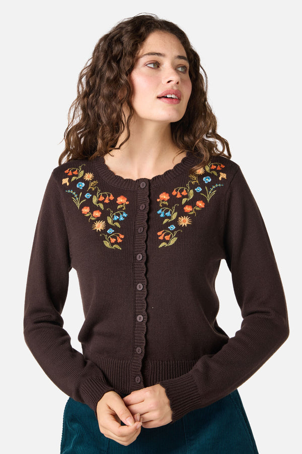 Princess Highway - Owl Embroidered Cardigan - chocolate