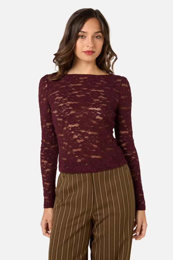 Princess Highway - Suzie Long Sleeve Lace Top - wine